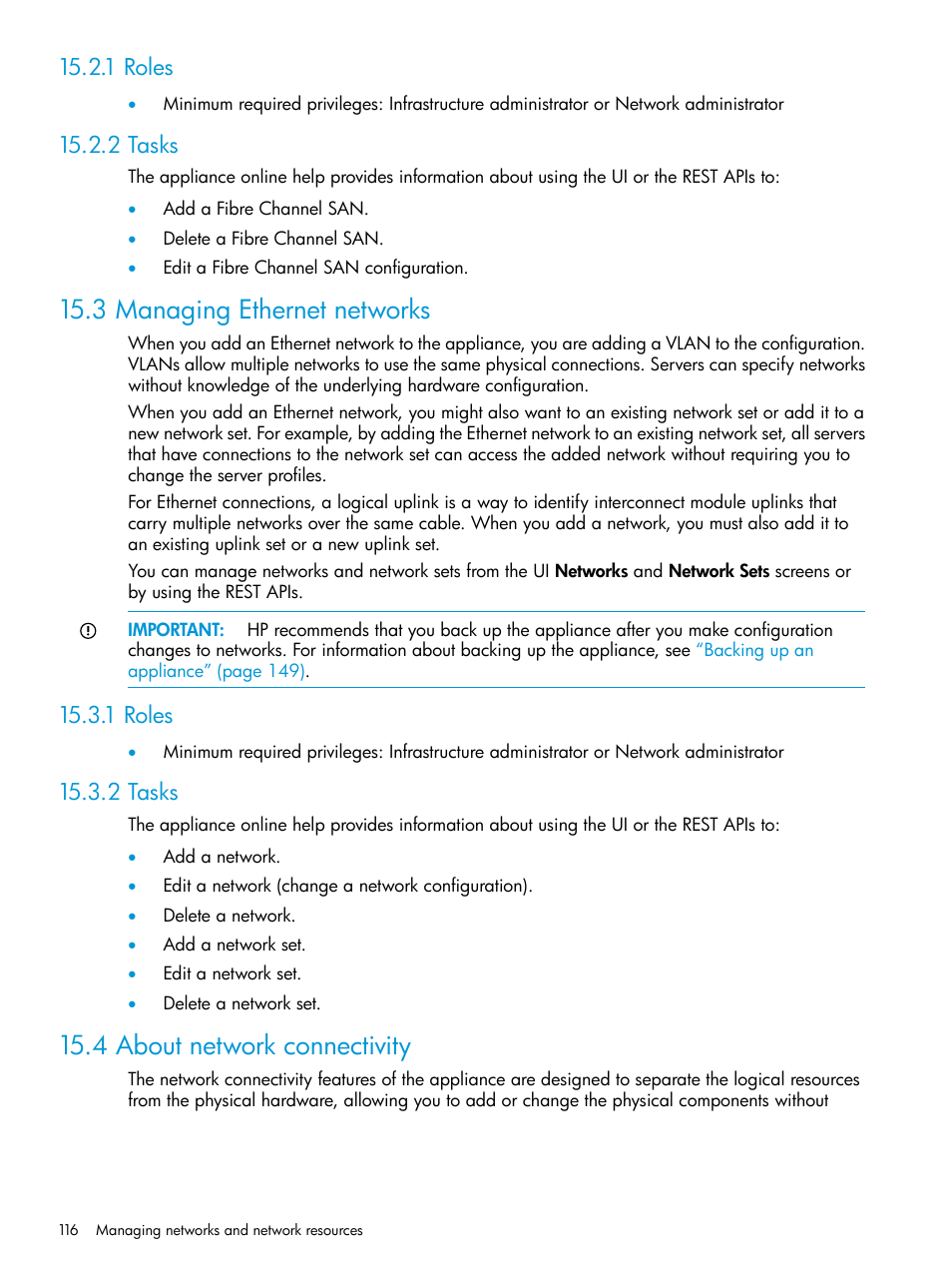 1 roles, 2 tasks, 3 managing ethernet networks | 4 about network connectivity, 1 roles 15.2.2 tasks, 1 roles 15.3.2 tasks, About network connectivity, About, About network | HP OneView User Manual | Page 116 / 297