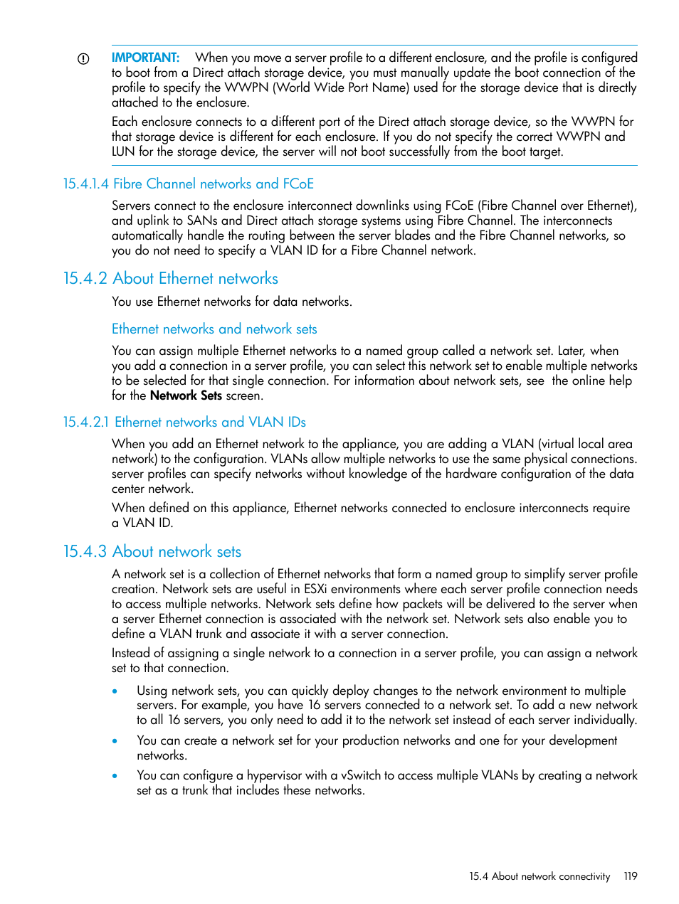 4 fibre channel networks and fcoe, 2 about ethernet networks, 1 ethernet networks and vlan ids | 3 about network sets | HP OneView User Manual | Page 119 / 297