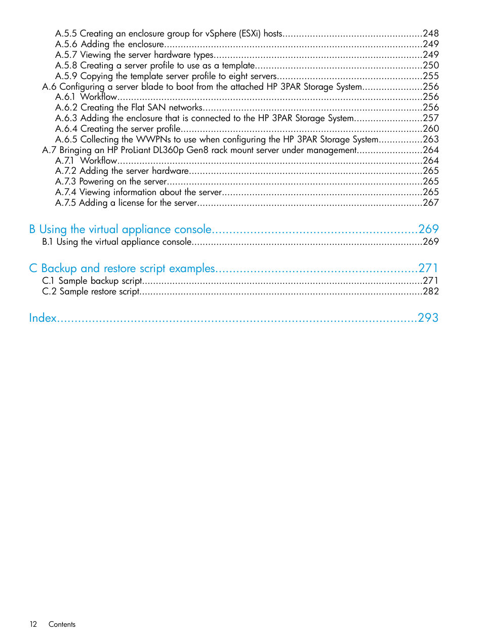 B using the virtual appliance console, C backup and restore script examples, Index | HP OneView User Manual | Page 12 / 297