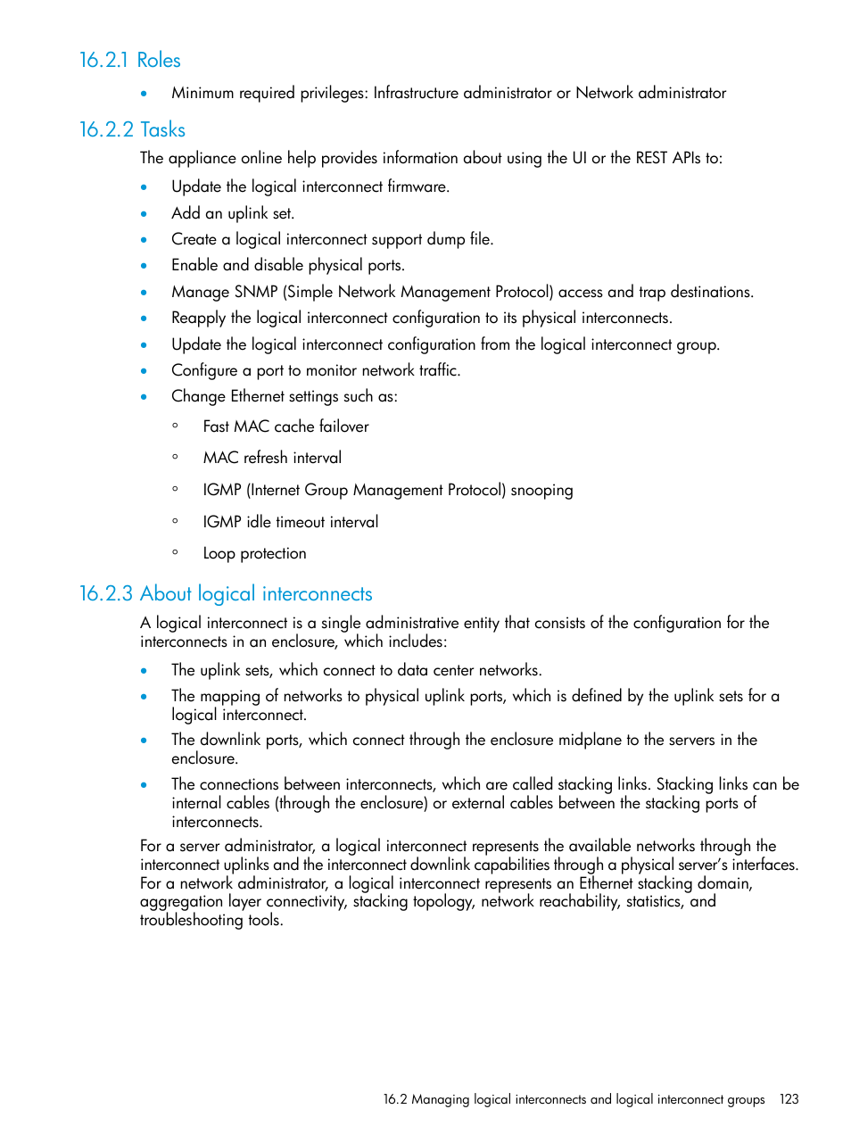 1 roles, 2 tasks, 3 about logical interconnects | About | HP OneView User Manual | Page 123 / 297