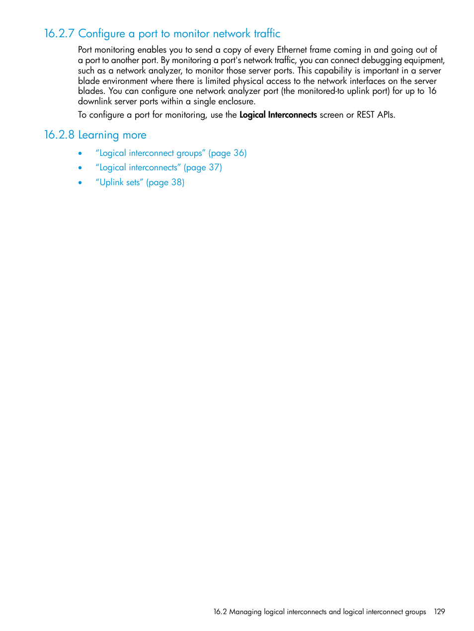 7 configure a port to monitor network traffic, 8 learning more | HP OneView User Manual | Page 129 / 297