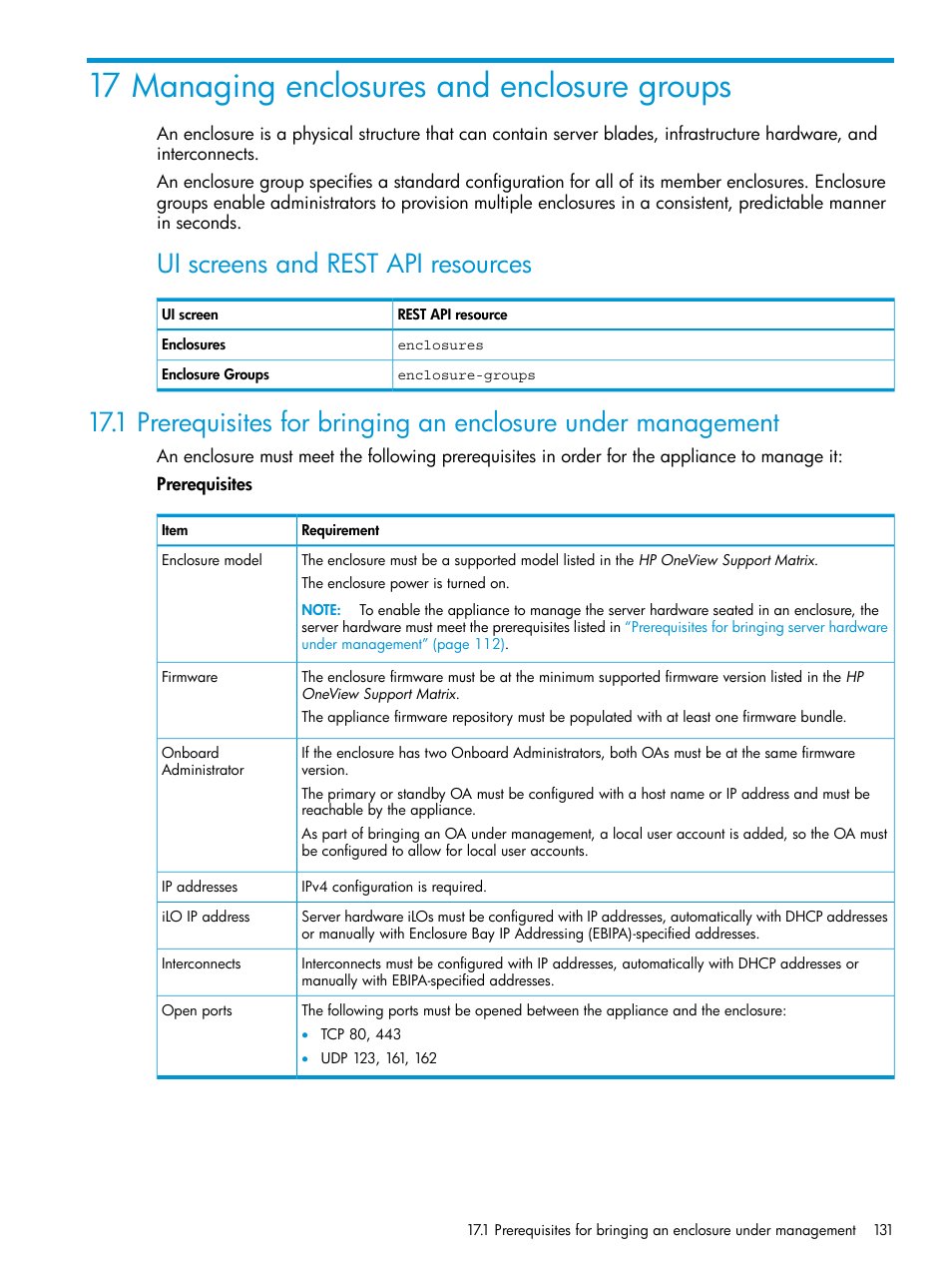 17 managing enclosures and enclosure groups, Managing enclosures and, Managing enclosures | Ui screens and rest api resources | HP OneView User Manual | Page 131 / 297