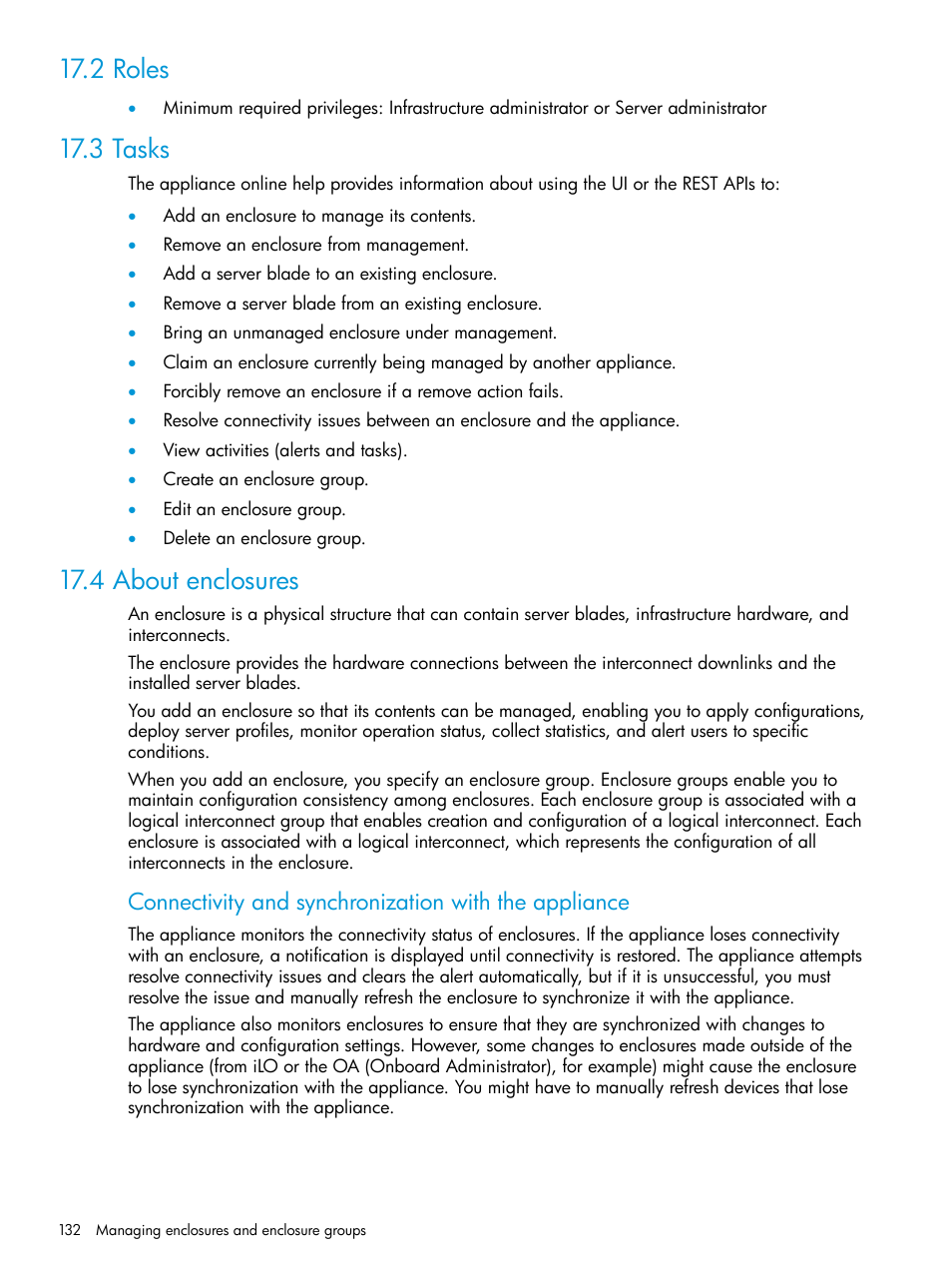 2 roles, 3 tasks, 4 about enclosures | 2 roles 17.3 tasks 17.4 about enclosures | HP OneView User Manual | Page 132 / 297