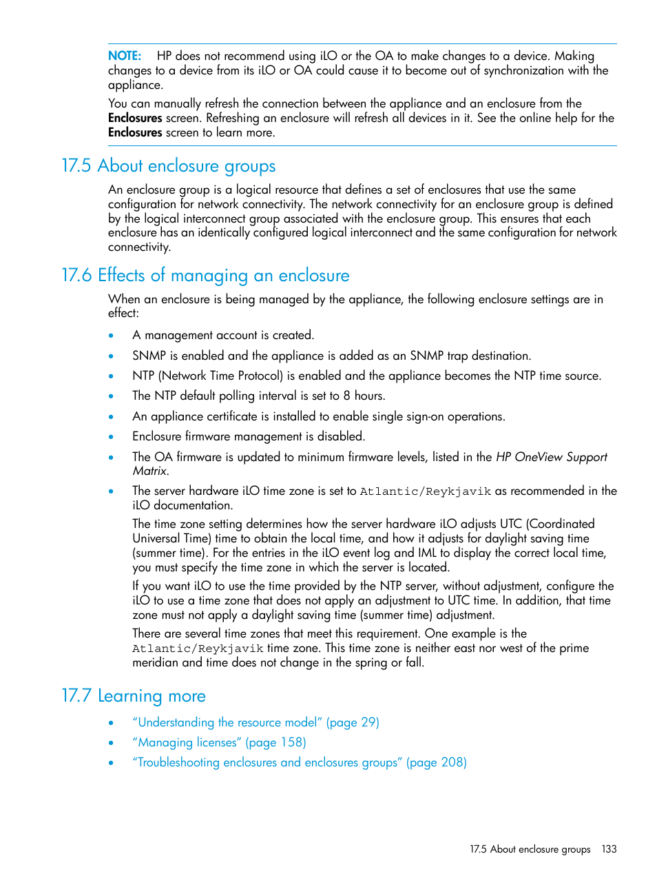 5 about enclosure groups, 6 effects of managing an enclosure, 7 learning more | HP OneView User Manual | Page 133 / 297
