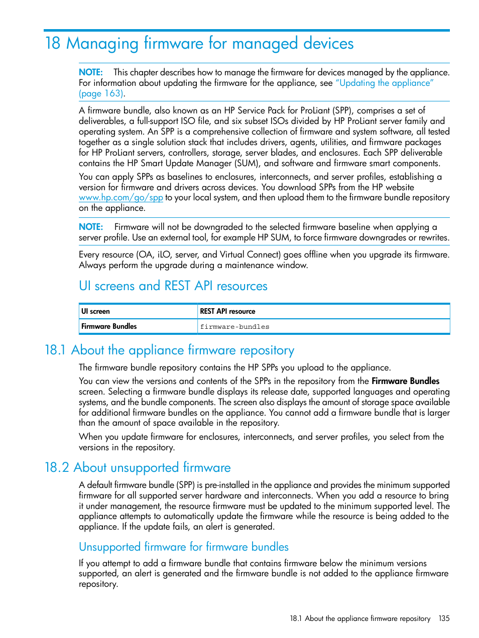 18 managing firmware for managed devices, 1 about the appliance firmware repository, 2 about unsupported firmware | Ui screens and rest api resources, Unsupported firmware for firmware bundles | HP OneView User Manual | Page 135 / 297