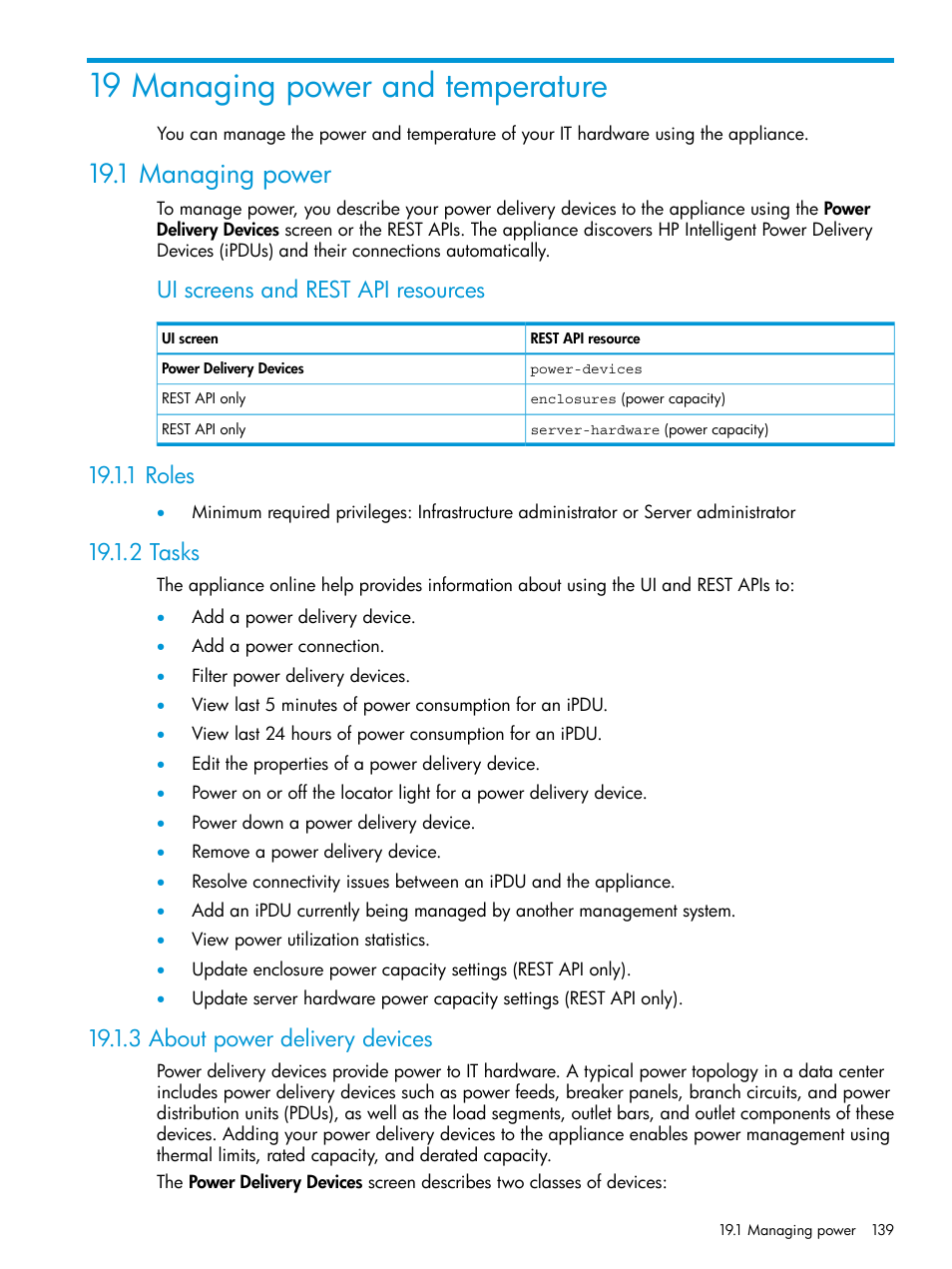 19 managing power and temperature, 1 managing power, 1 roles | 2 tasks, 3 about power delivery devices, Ui screens and rest api resources | HP OneView User Manual | Page 139 / 297