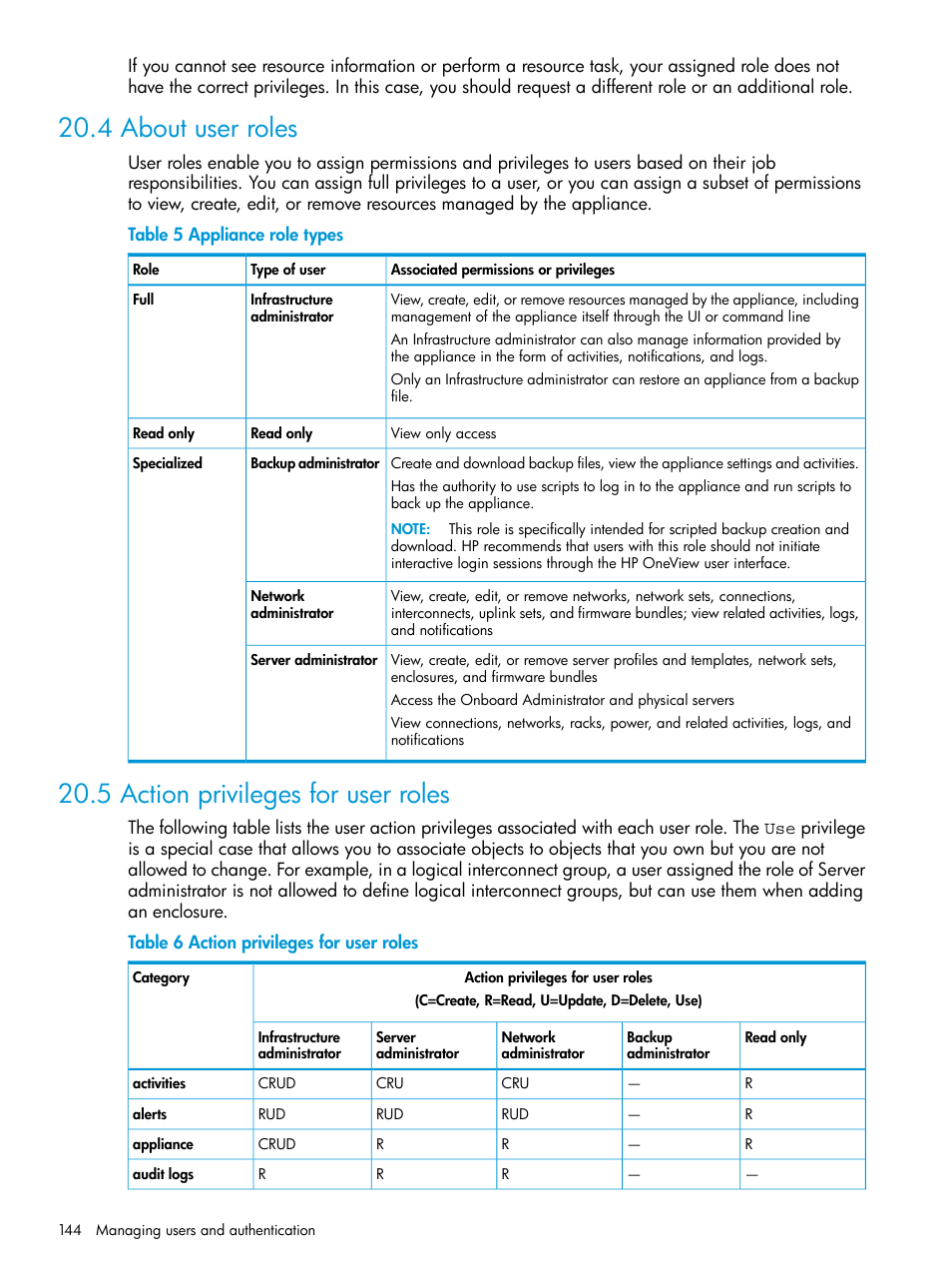 4 about user roles, 5 action privileges for user roles, Default roles | HP OneView User Manual | Page 144 / 297