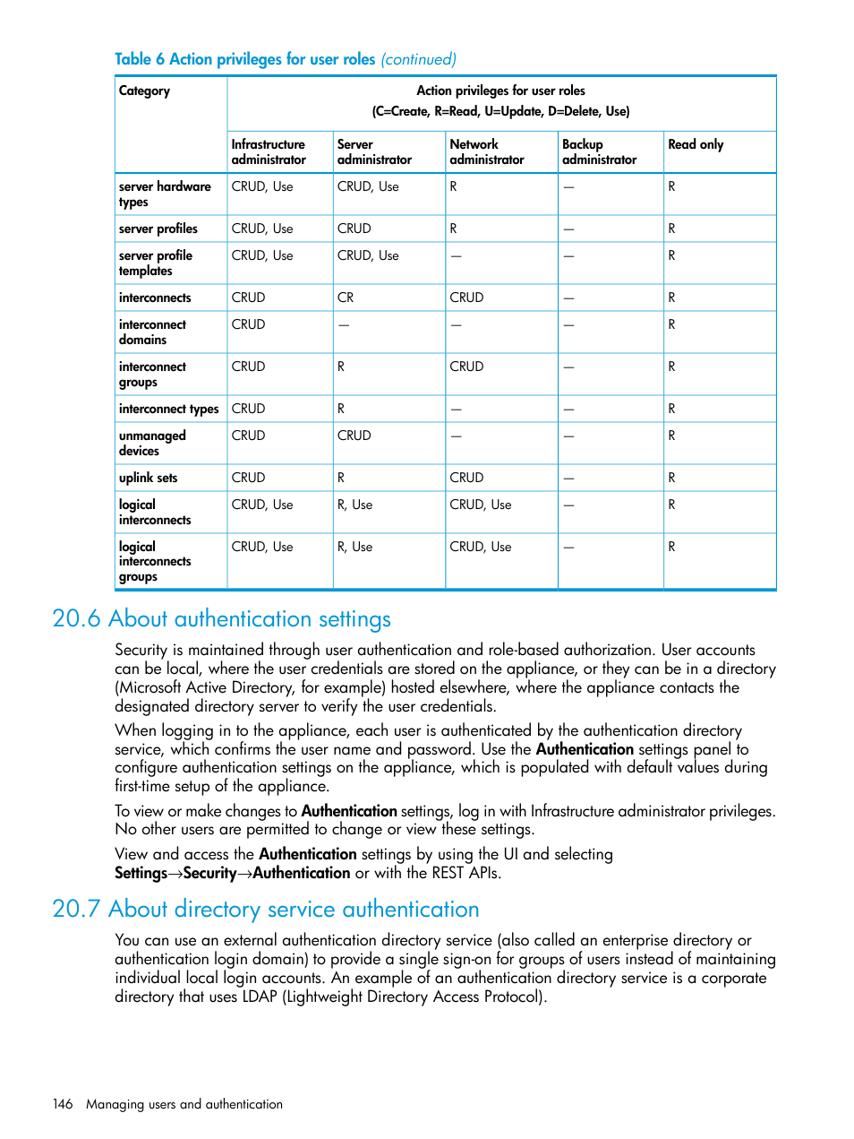 6 about authentication settings, 7 about directory service authentication | HP OneView User Manual | Page 146 / 297