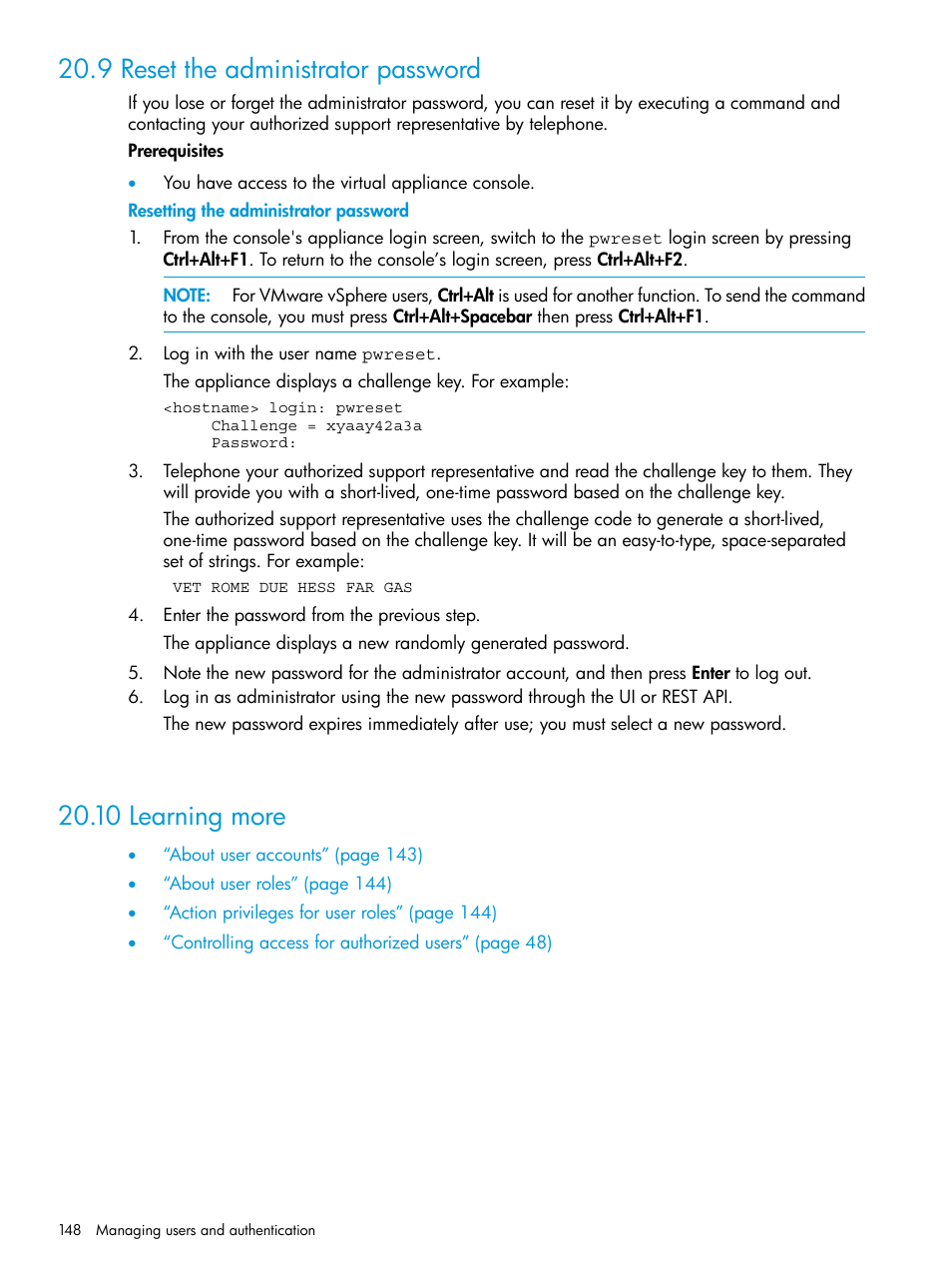 9 reset the administrator password, 10 learning more, Reset the administrator password | HP OneView User Manual | Page 148 / 297