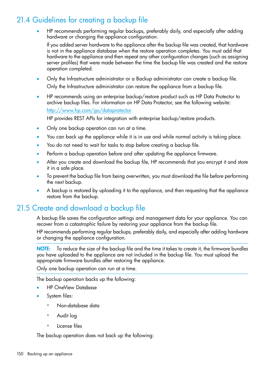 4 guidelines for creating a backup file, 5 create and download a backup file | HP OneView User Manual | Page 150 / 297