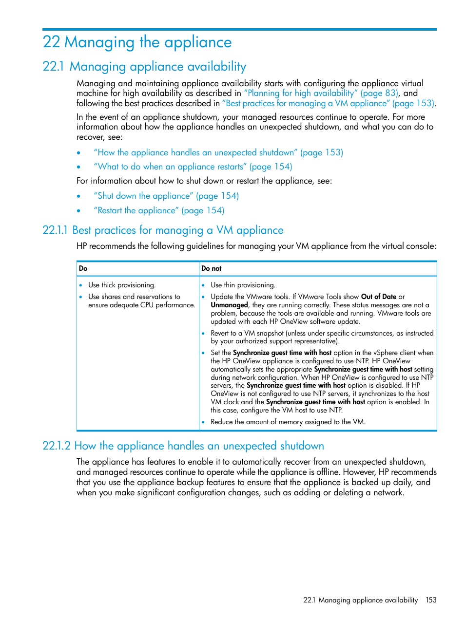 22 managing the appliance, 1 managing appliance availability, 1 best practices for managing a vm appliance | 2 how the appliance handles an unexpected shutdown, Managing appliance availability | HP OneView User Manual | Page 153 / 297