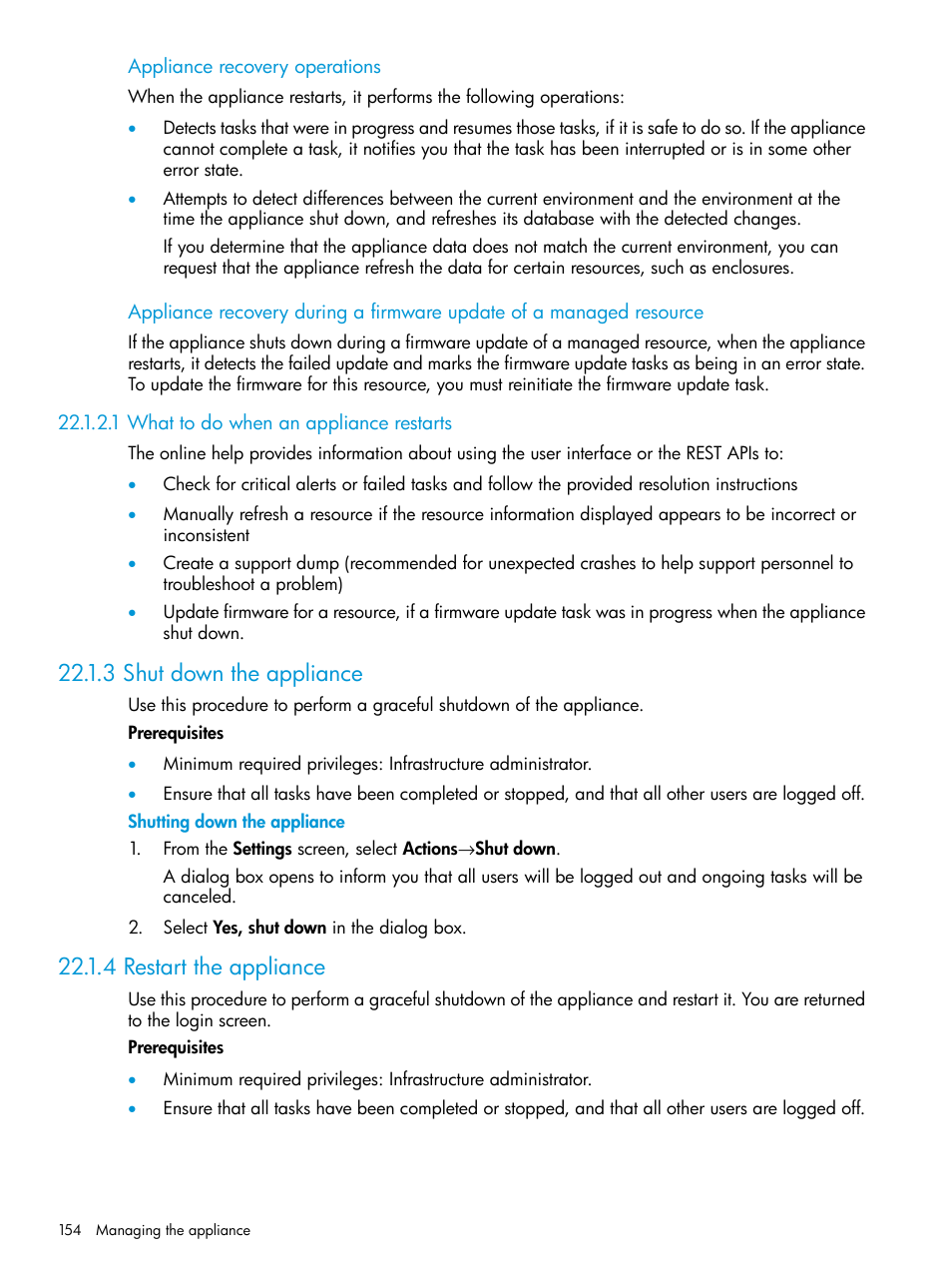 1 what to do when an appliance restarts, 3 shut down the appliance, 4 restart the appliance | HP OneView User Manual | Page 154 / 297