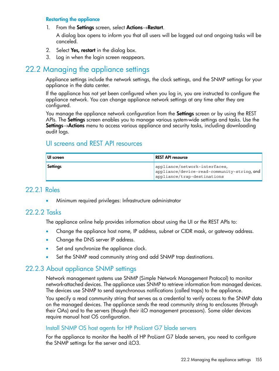 2 managing the appliance settings, 1 roles, 2 tasks | 3 about appliance snmp settings, Managing the, Ui screens and rest api resources | HP OneView User Manual | Page 155 / 297