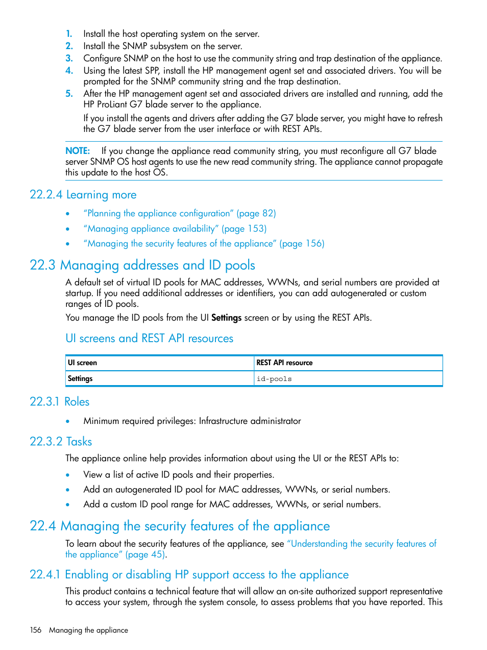 4 learning more, 3 managing addresses and id pools, 1 roles | 2 tasks, 4 managing the security features of the appliance, 1 roles 22.3.2 tasks, Ui screens and rest api resources | HP OneView User Manual | Page 156 / 297