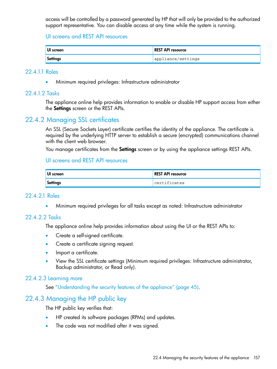 1 roles, 2 tasks, 2 managing ssl certificates | 3 learning more, 3 managing the hp public key, 1 roles 22.4.1.2 tasks, 1 roles 22.4.2.2 tasks 22.4.2.3 learning more, Managing ssl certificates | HP OneView User Manual | Page 157 / 297