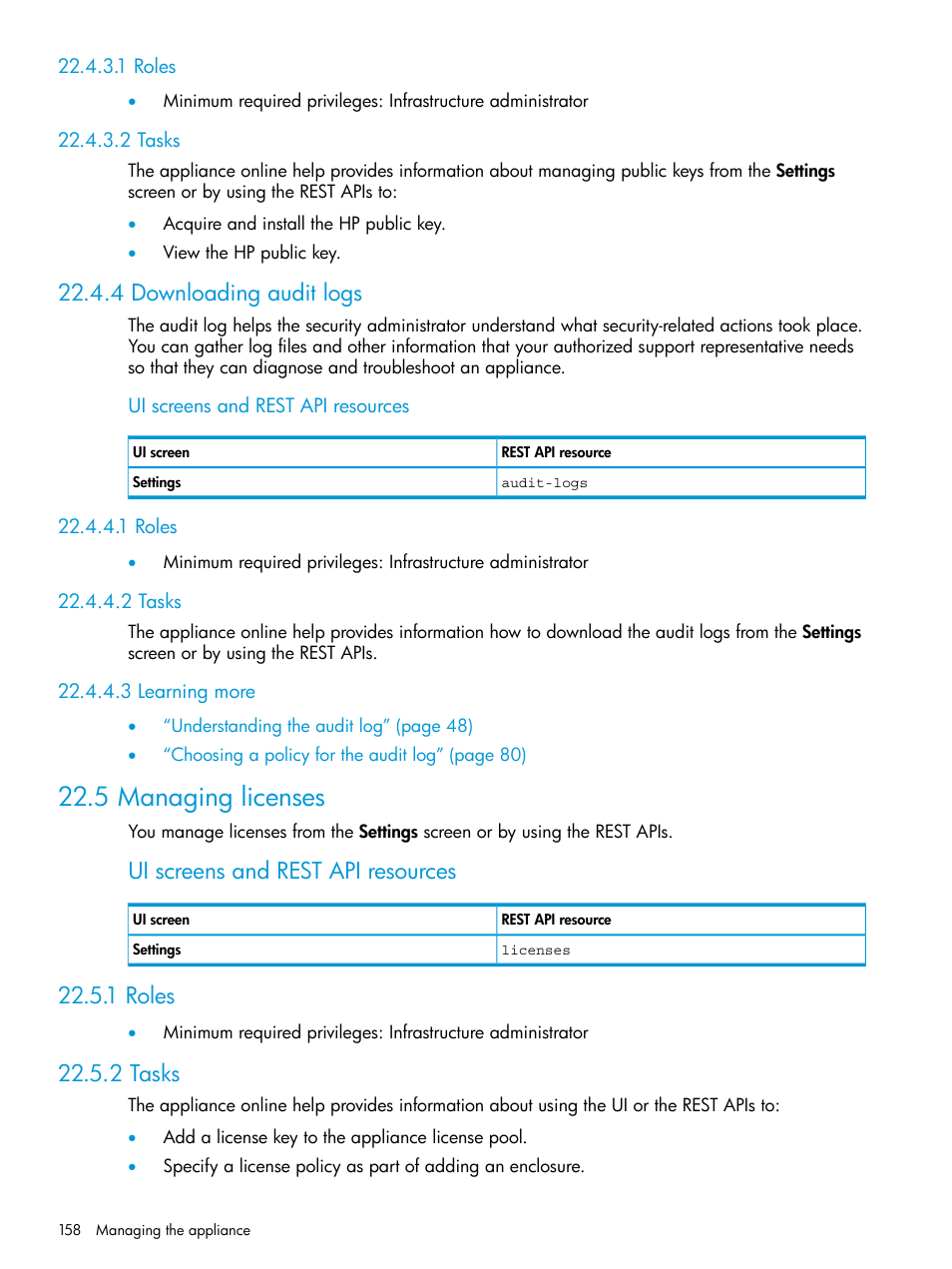 1 roles, 2 tasks, 4 downloading audit logs | 3 learning more, 5 managing licenses, 1 roles 22.4.3.2 tasks, 1 roles 22.4.4.2 tasks 22.4.4.3 learning more, 1 roles 22.5.2 tasks, Ui screens and rest api resources | HP OneView User Manual | Page 158 / 297