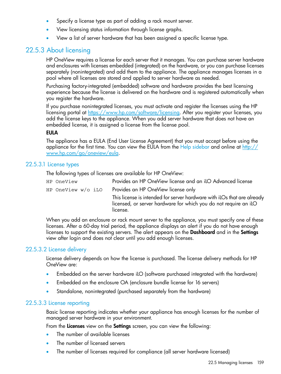 3 about licensing, 1 license types, 2 license delivery | 3 license reporting | HP OneView User Manual | Page 159 / 297