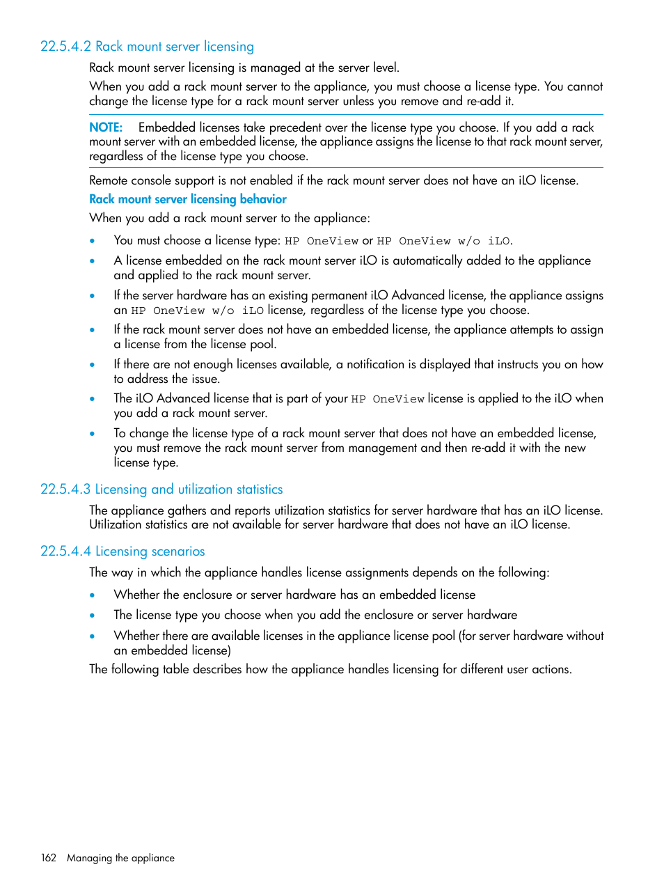 2 rack mount server licensing, 3 licensing and utilization statistics, 4 licensing scenarios | HP OneView User Manual | Page 162 / 297