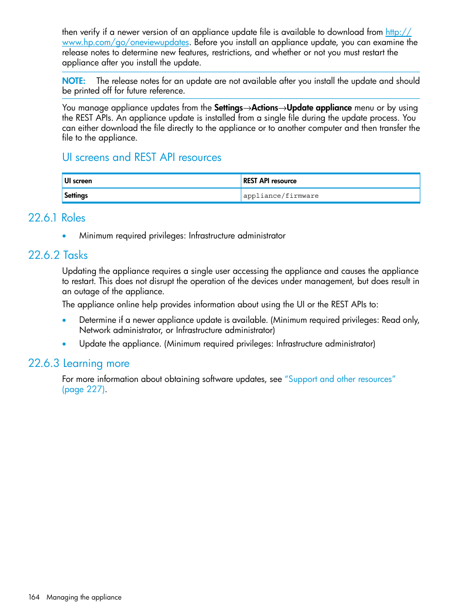 1 roles, 2 tasks, 3 learning more | 1 roles 22.6.2 tasks 22.6.3 learning more, Ui screens and rest api resources | HP OneView User Manual | Page 164 / 297