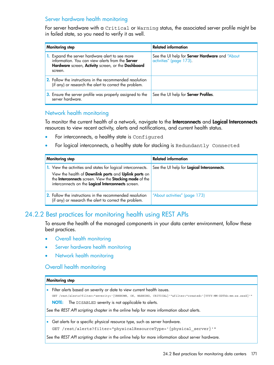 Server hardware health monitoring, Network health monitoring, Overall health monitoring | HP OneView User Manual | Page 171 / 297