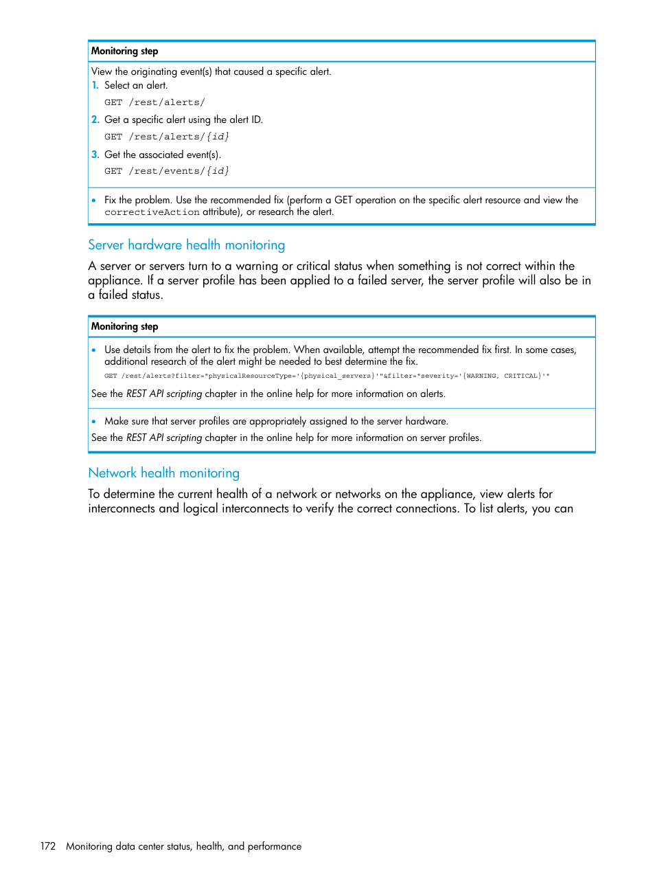 Server hardware health monitoring, Network health monitoring | HP OneView User Manual | Page 172 / 297