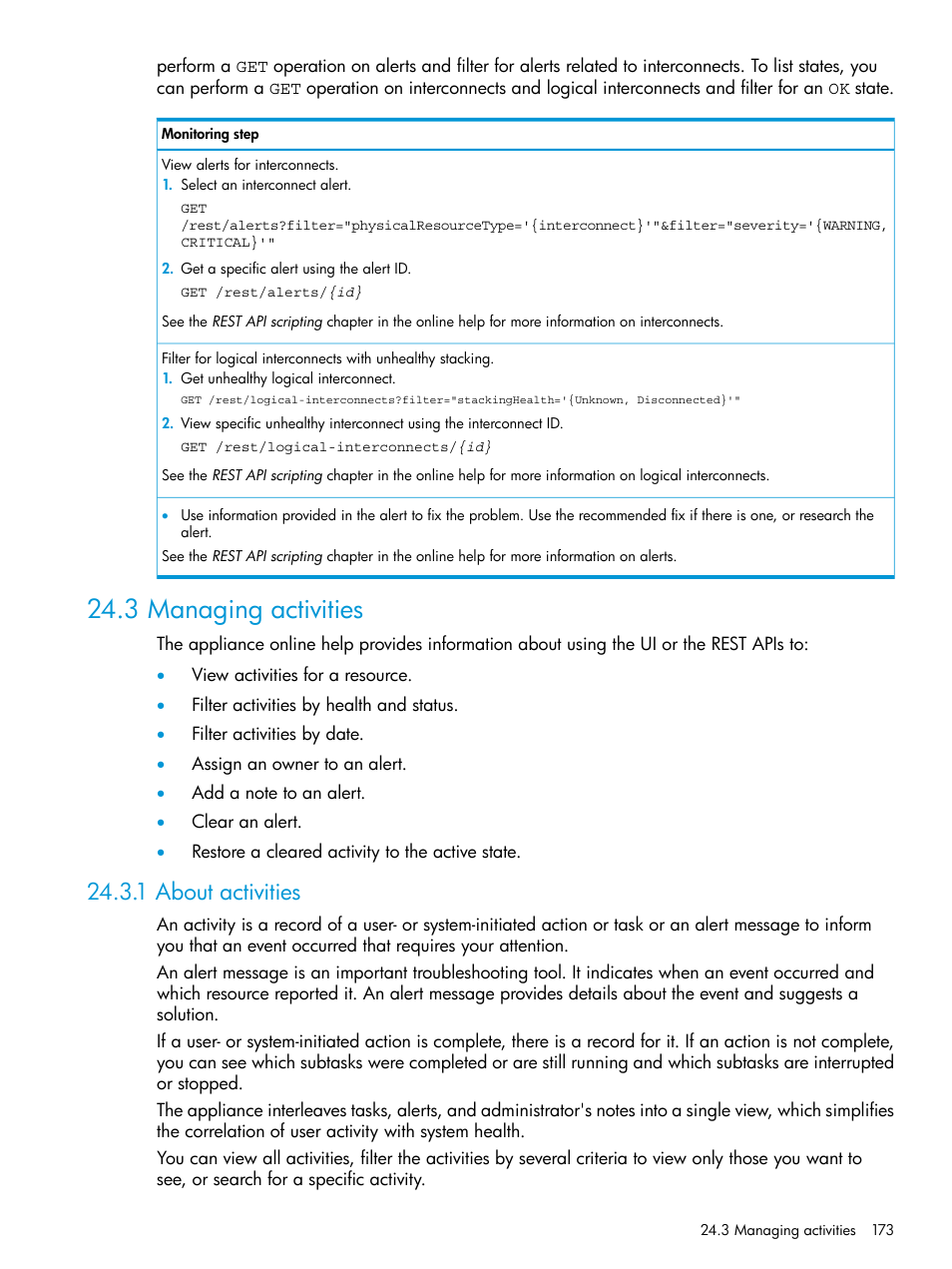 3 managing activities, 1 about activities, About | HP OneView User Manual | Page 173 / 297