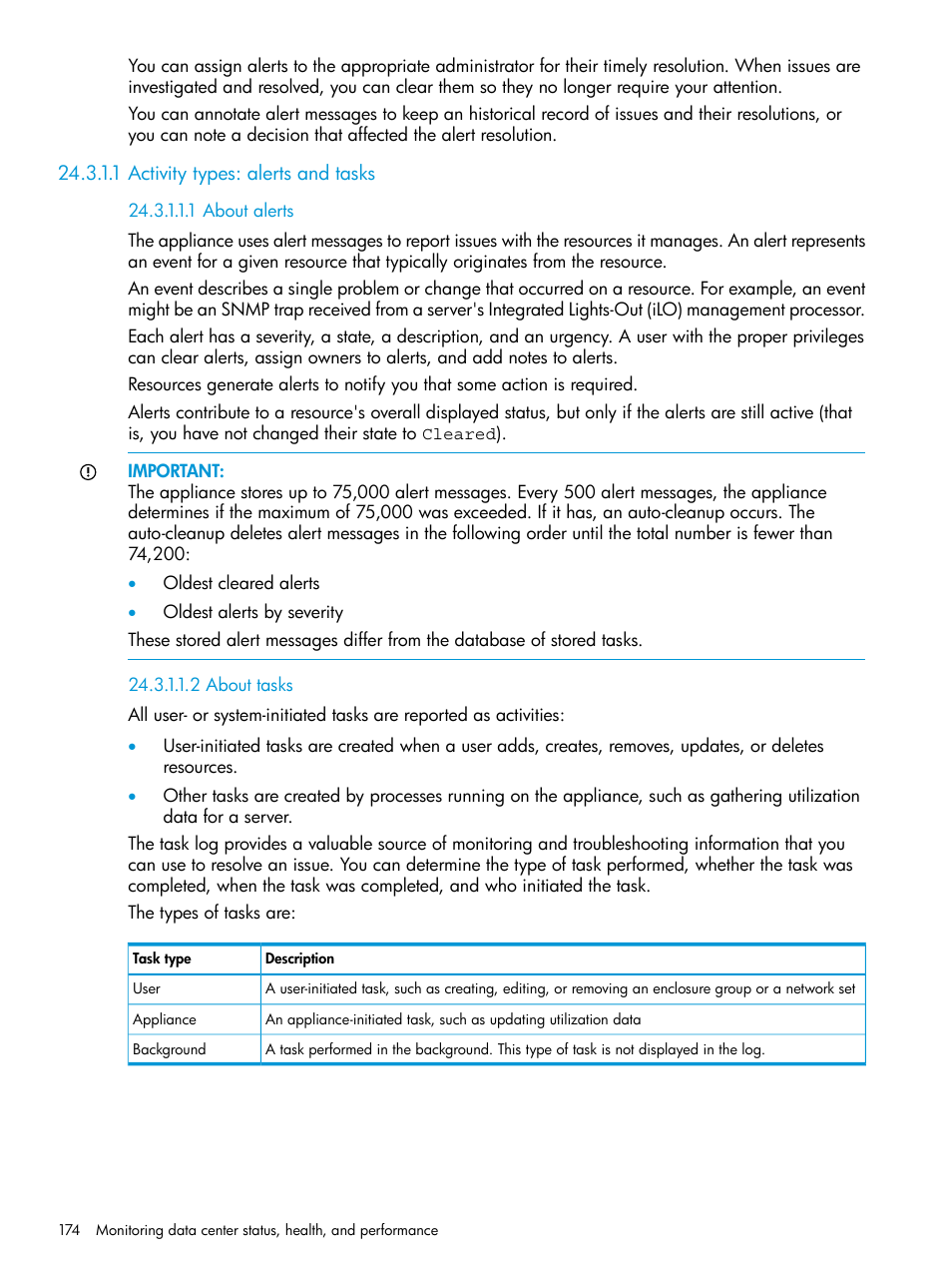 1 activity types: alerts and tasks, 1 about alerts, 2 about tasks | HP OneView User Manual | Page 174 / 297