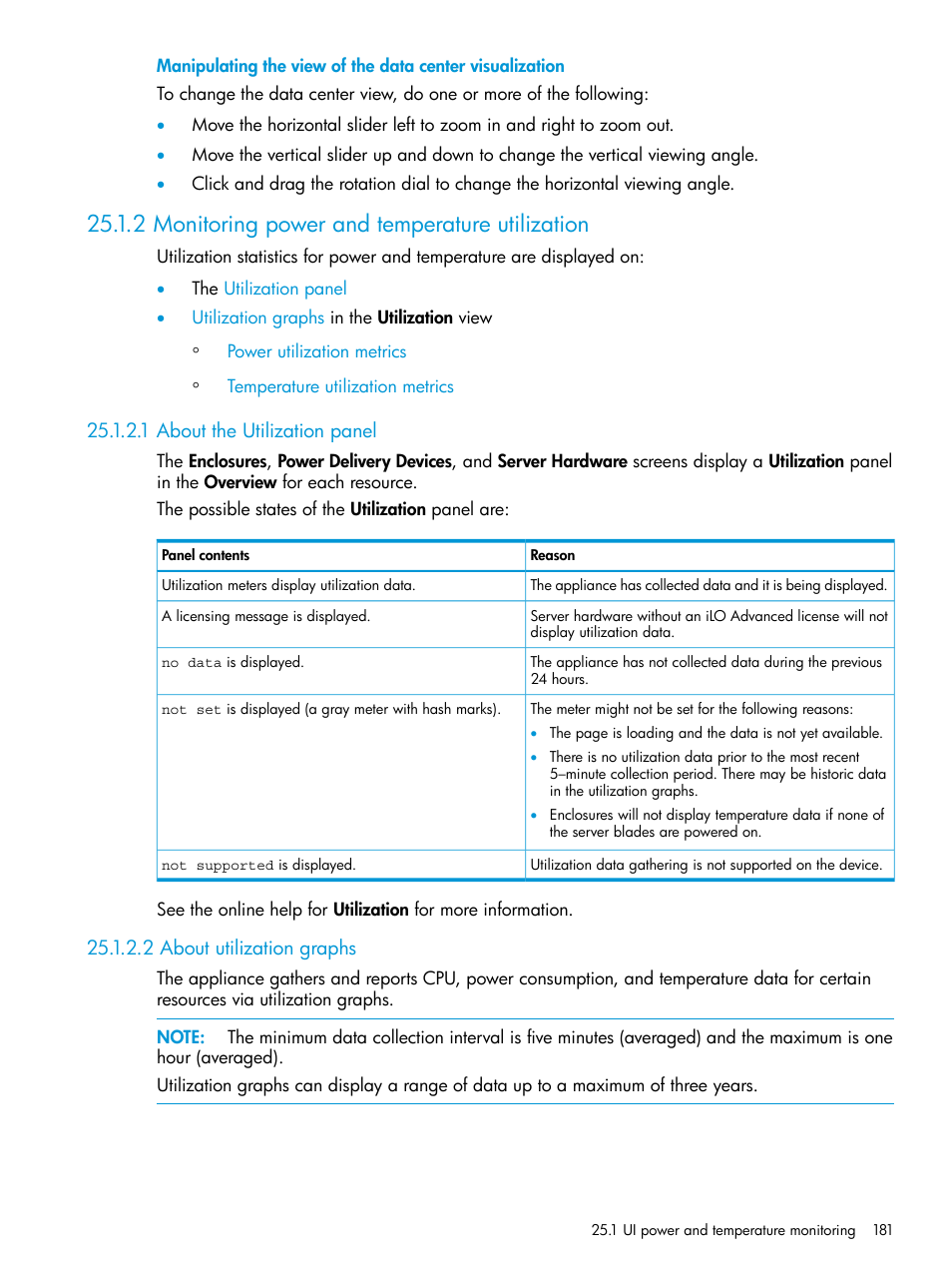 2 monitoring power and temperature utilization, 1 about the utilization panel, 2 about utilization graphs | Utilization panel, Utilization, Graphs | HP OneView User Manual | Page 181 / 297