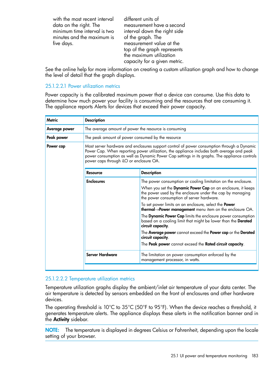 1 power utilization metrics, 2 temperature utilization metrics, Power | Temperature, Power utilization metrics, Temperature utilization metrics | HP OneView User Manual | Page 183 / 297