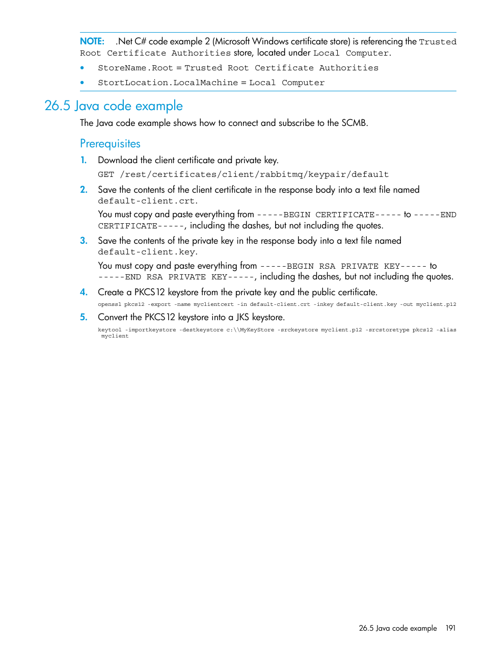 5 java code example, Prerequisites | HP OneView User Manual | Page 191 / 297