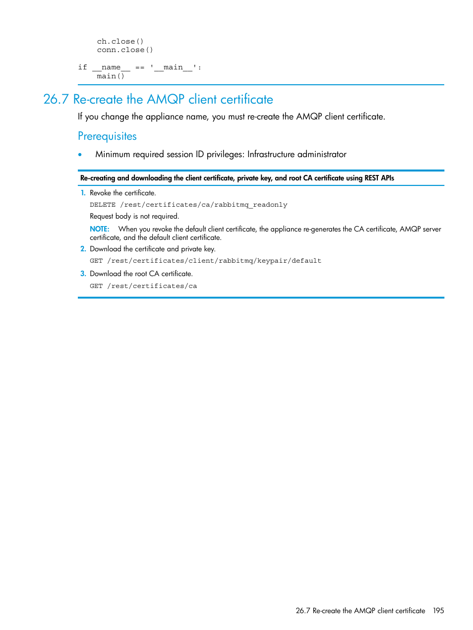 7 re-create the amqp client certificate, Prerequisites | HP OneView User Manual | Page 195 / 297