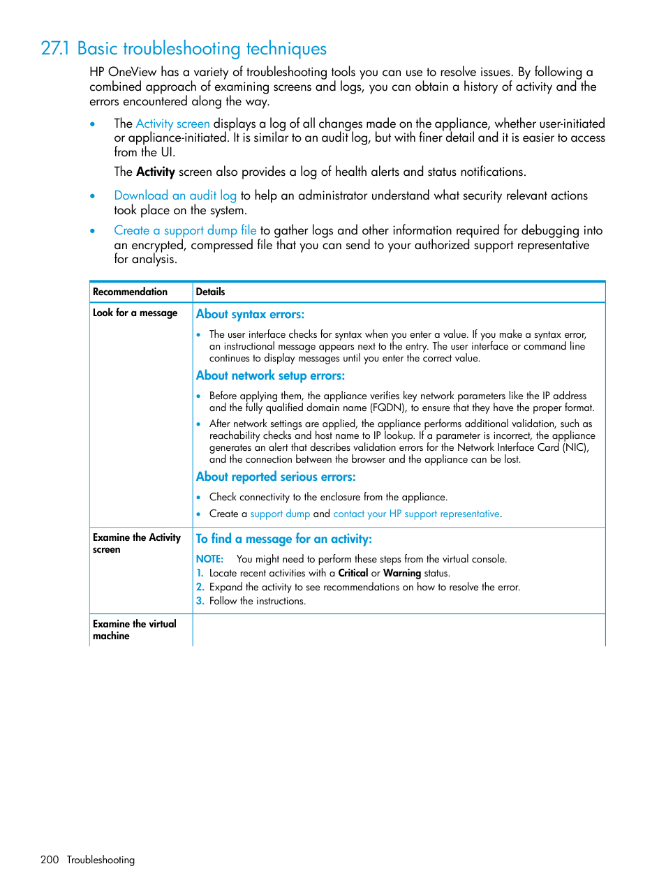 1 basic troubleshooting techniques | HP OneView User Manual | Page 200 / 297