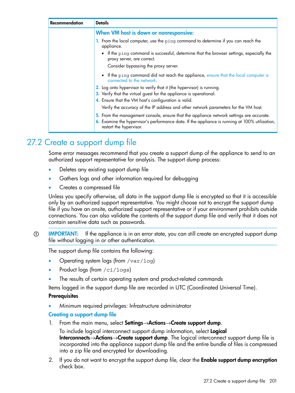 2 create a support dump file, Create a support dump file, Support dump | HP OneView User Manual | Page 201 / 297