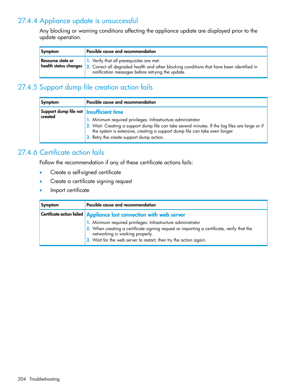 4 appliance update is unsuccessful, 5 support dump file creation action fails, 6 certificate action fails | HP OneView User Manual | Page 204 / 297