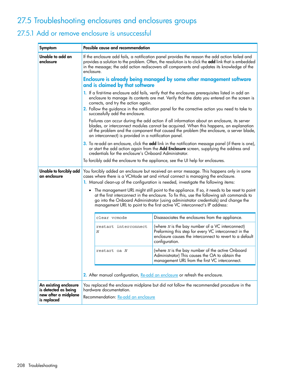 5 troubleshooting enclosures and enclosures groups, 1 add or remove enclosure is unsuccessful, Enclosures and enclosure groups | HP OneView User Manual | Page 208 / 297