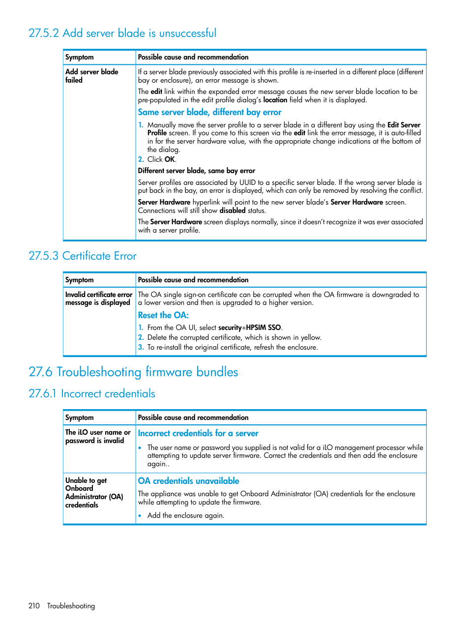 2 add server blade is unsuccessful, 3 certificate error, 6 troubleshooting firmware bundles | 1 incorrect credentials, Firmware bundles | HP OneView User Manual | Page 210 / 297