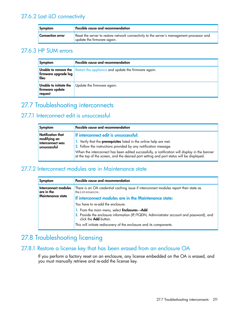 2 lost ilo connectivity, 3 hp sum errors, 7 troubleshooting interconnects | 1 interconnect edit is unsuccessful, 2 interconnect modules are in maintenance state, 8 troubleshooting licensing, 2 lost ilo connectivity 27.6.3 hp sum errors, Interconnects, Licensing | HP OneView User Manual | Page 211 / 297