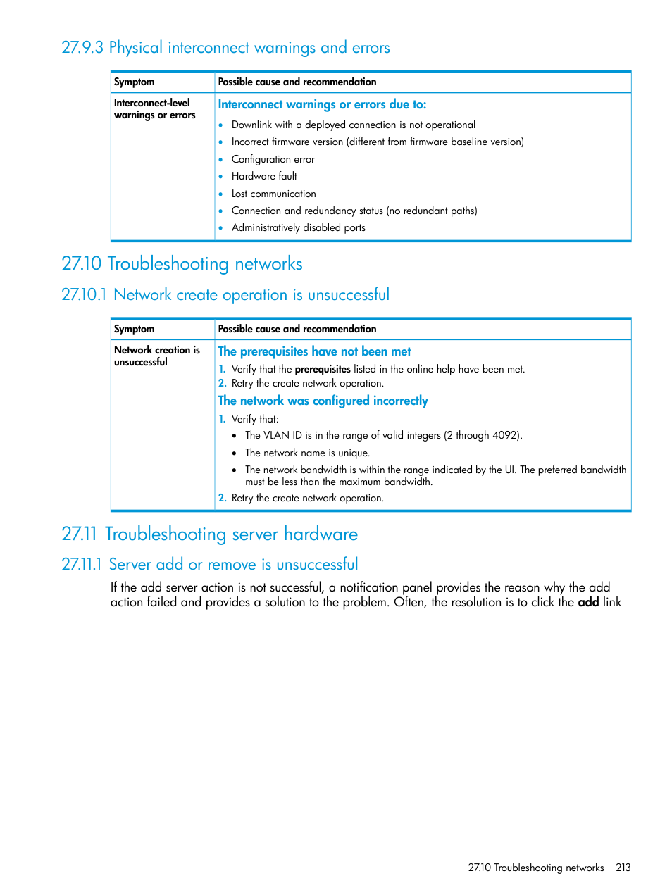 3 physical interconnect warnings and errors, 10 troubleshooting networks, 1 network create operation is unsuccessful | 11 troubleshooting server hardware, 1 server add or remove is unsuccessful, Networks, Server hardware | HP OneView User Manual | Page 213 / 297