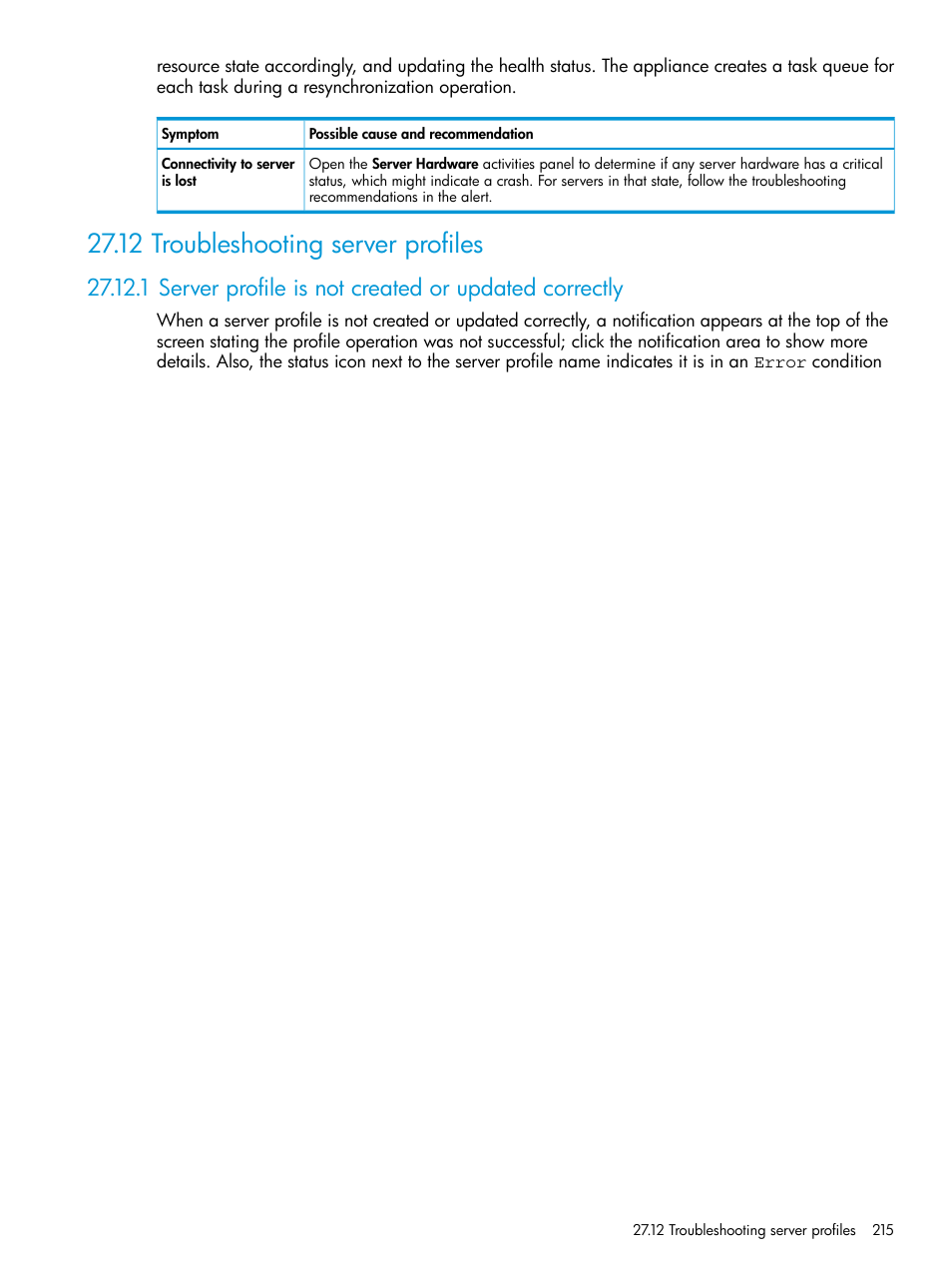 12 troubleshooting server profiles, Server profiles | HP OneView User Manual | Page 215 / 297