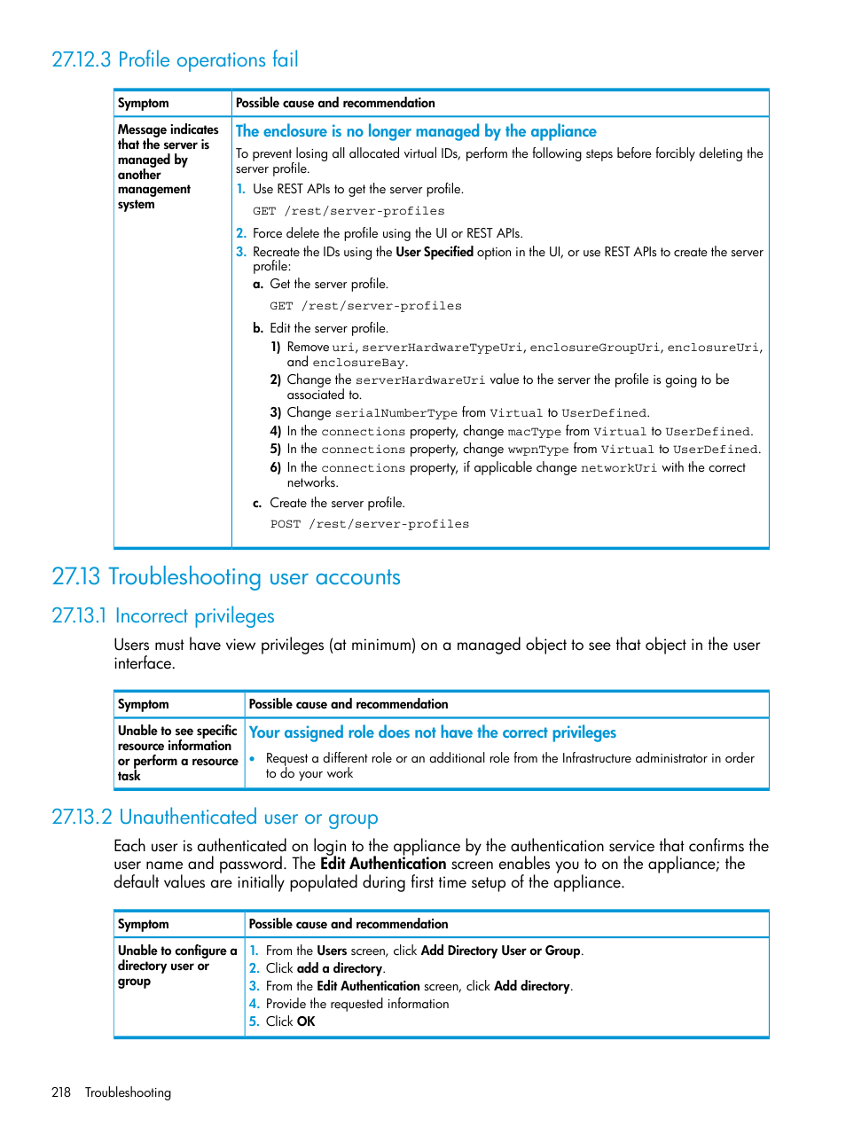 3 profile operations fail, 13 troubleshooting user accounts, 1 incorrect privileges | 2 unauthenticated user or group, User accounts and groups | HP OneView User Manual | Page 218 / 297