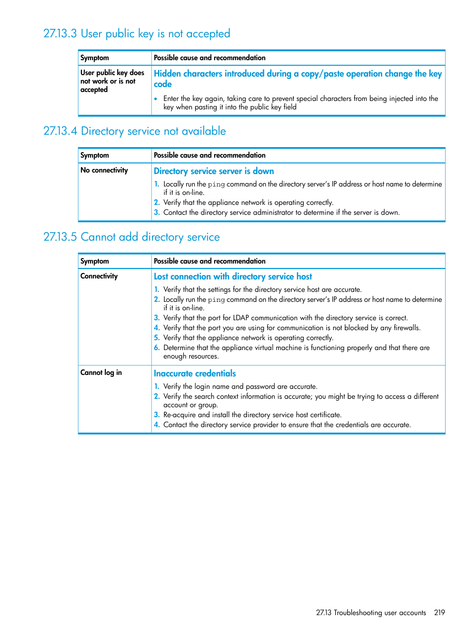 3 user public key is not accepted, 4 directory service not available, 5 cannot add directory service | HP OneView User Manual | Page 219 / 297