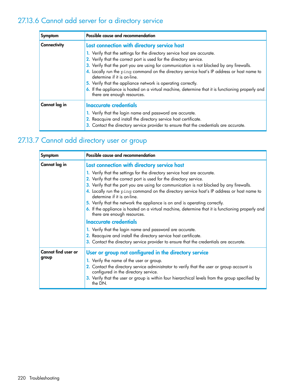 6 cannot add server for a directory service, 7 cannot add directory user or group | HP OneView User Manual | Page 220 / 297