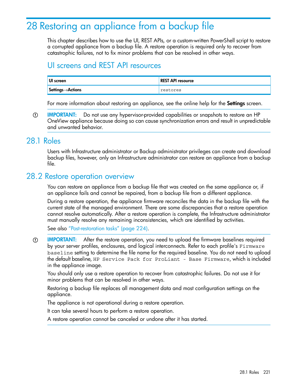 28 restoring an appliance from a backup file, 1 roles, 2 restore operation overview | 1 roles 28.2 restore operation overview, Ui screens and rest api resources | HP OneView User Manual | Page 221 / 297