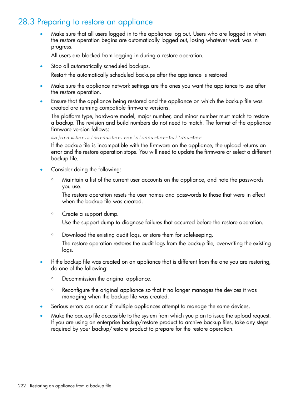 3 preparing to restore an appliance | HP OneView User Manual | Page 222 / 297