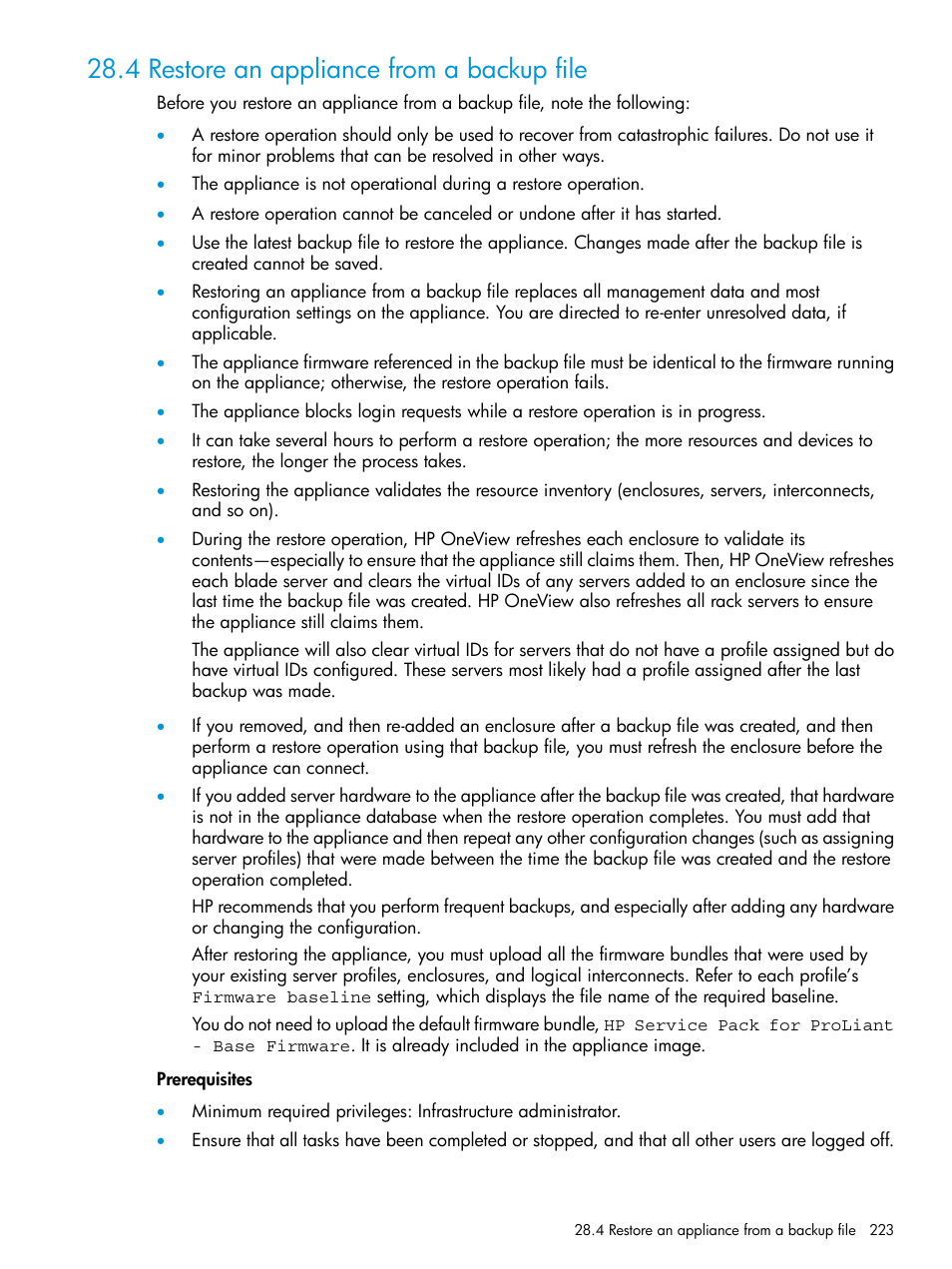 4 restore an appliance from a backup file | HP OneView User Manual | Page 223 / 297