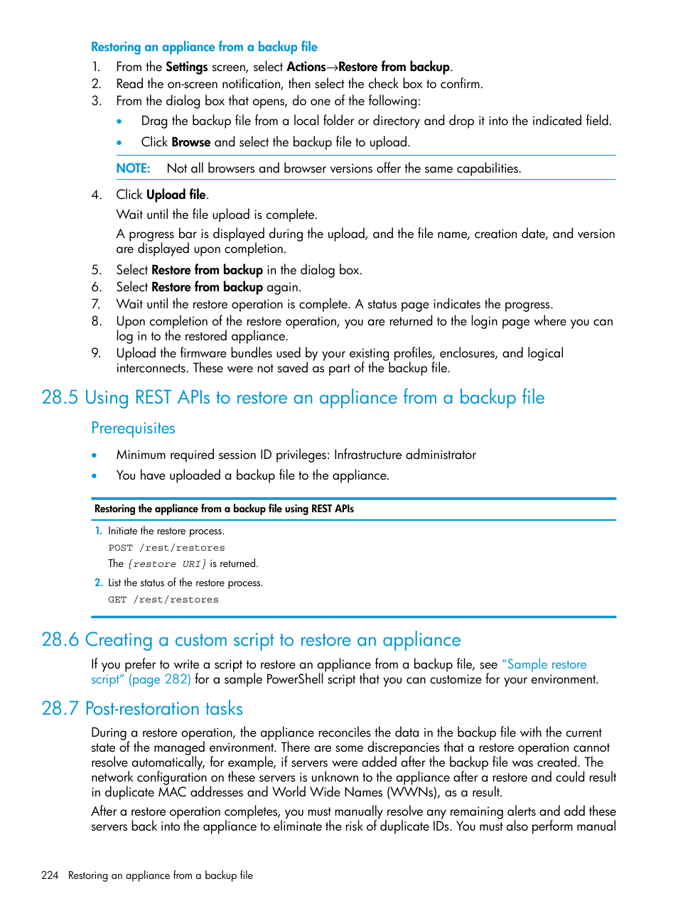 6 creating a custom script to restore an appliance, 7 post-restoration tasks, Prerequisites | HP OneView User Manual | Page 224 / 297