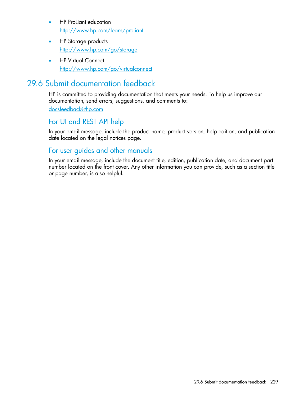 6 submit documentation feedback, For ui and rest api help, For user guides and other manuals | HP OneView User Manual | Page 229 / 297