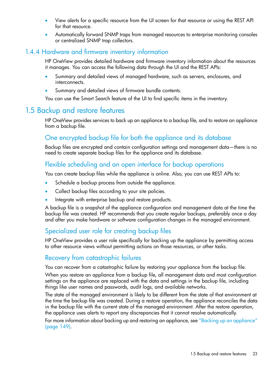 4 hardware and firmware inventory information, 5 backup and restore features, Specialized user role for creating backup files | Recovery from catastrophic failures | HP OneView User Manual | Page 23 / 297