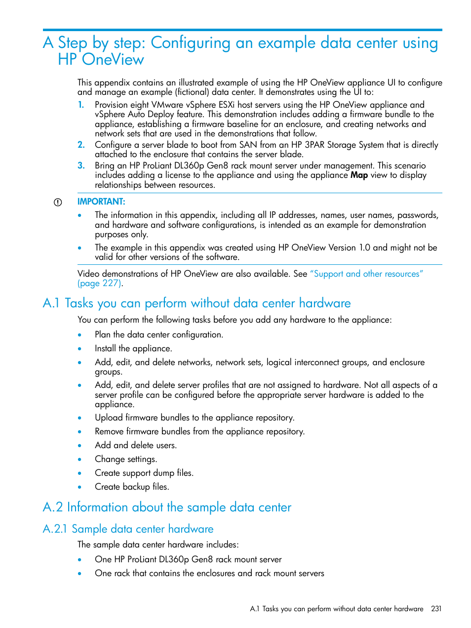 A.2 information about the sample data center, A.2.1 sample data center hardware, Step by step: configuring | Step by step: configuring an example data center | HP OneView User Manual | Page 231 / 297