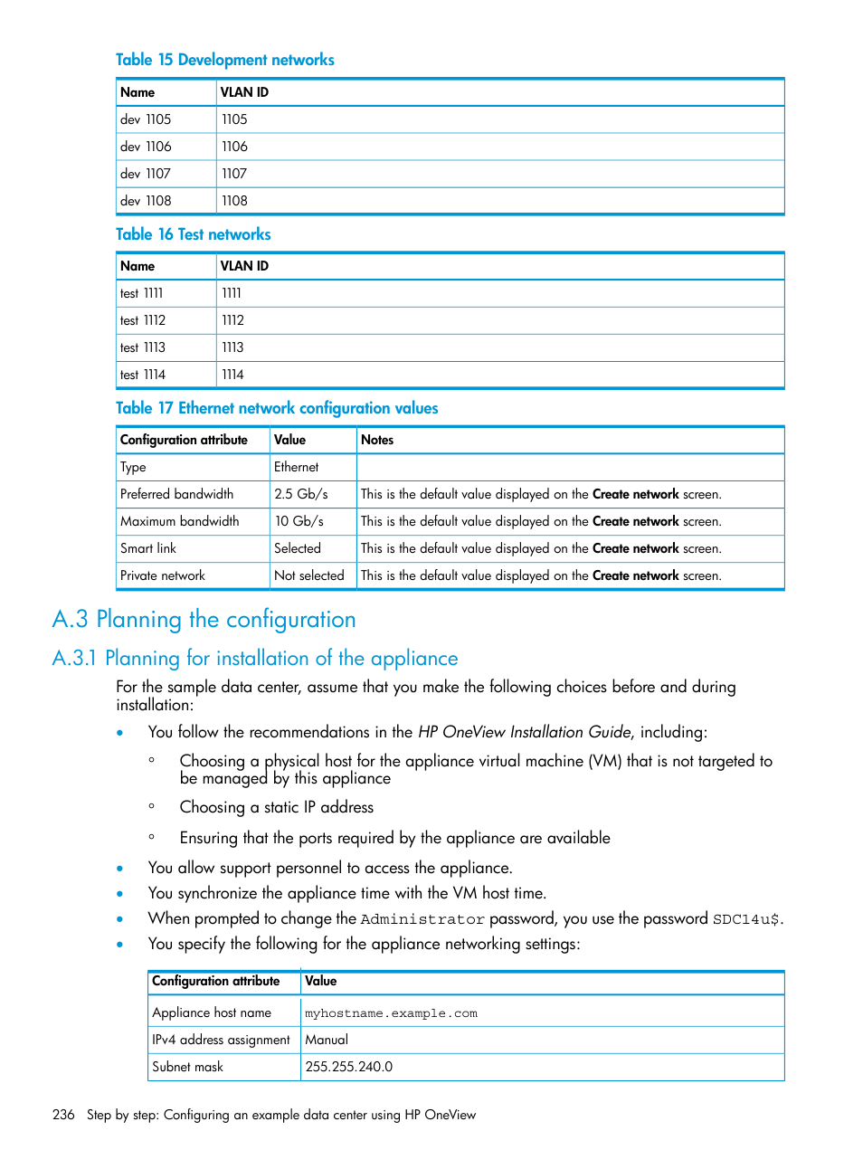 A.3 planning the configuration, A.3.1 planning for installation of the appliance | HP OneView User Manual | Page 236 / 297